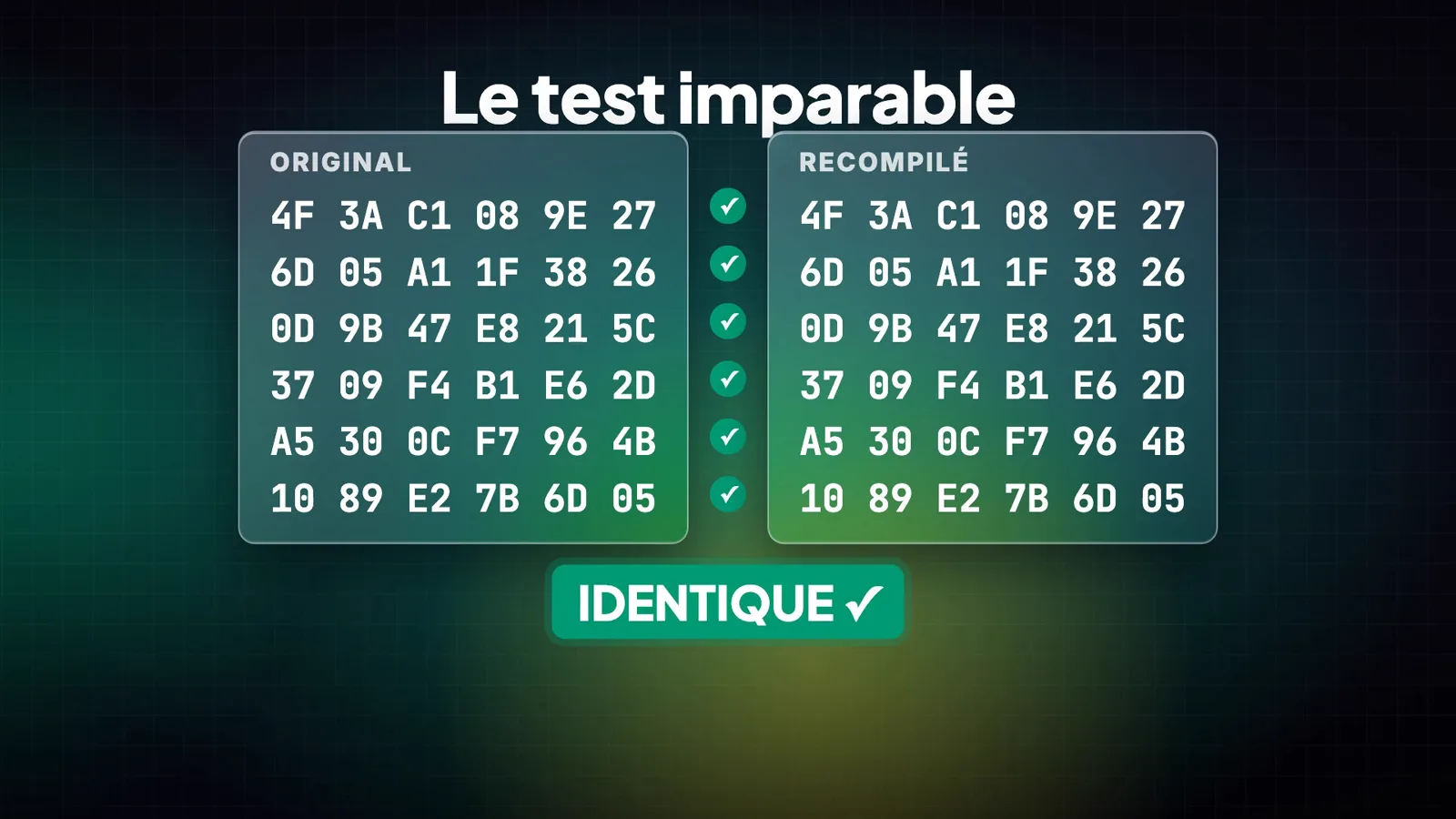 Le test de la décompilation matching : les octets de la fonction originale et de la fonction recompilée sont comparés un à un et doivent être identiques