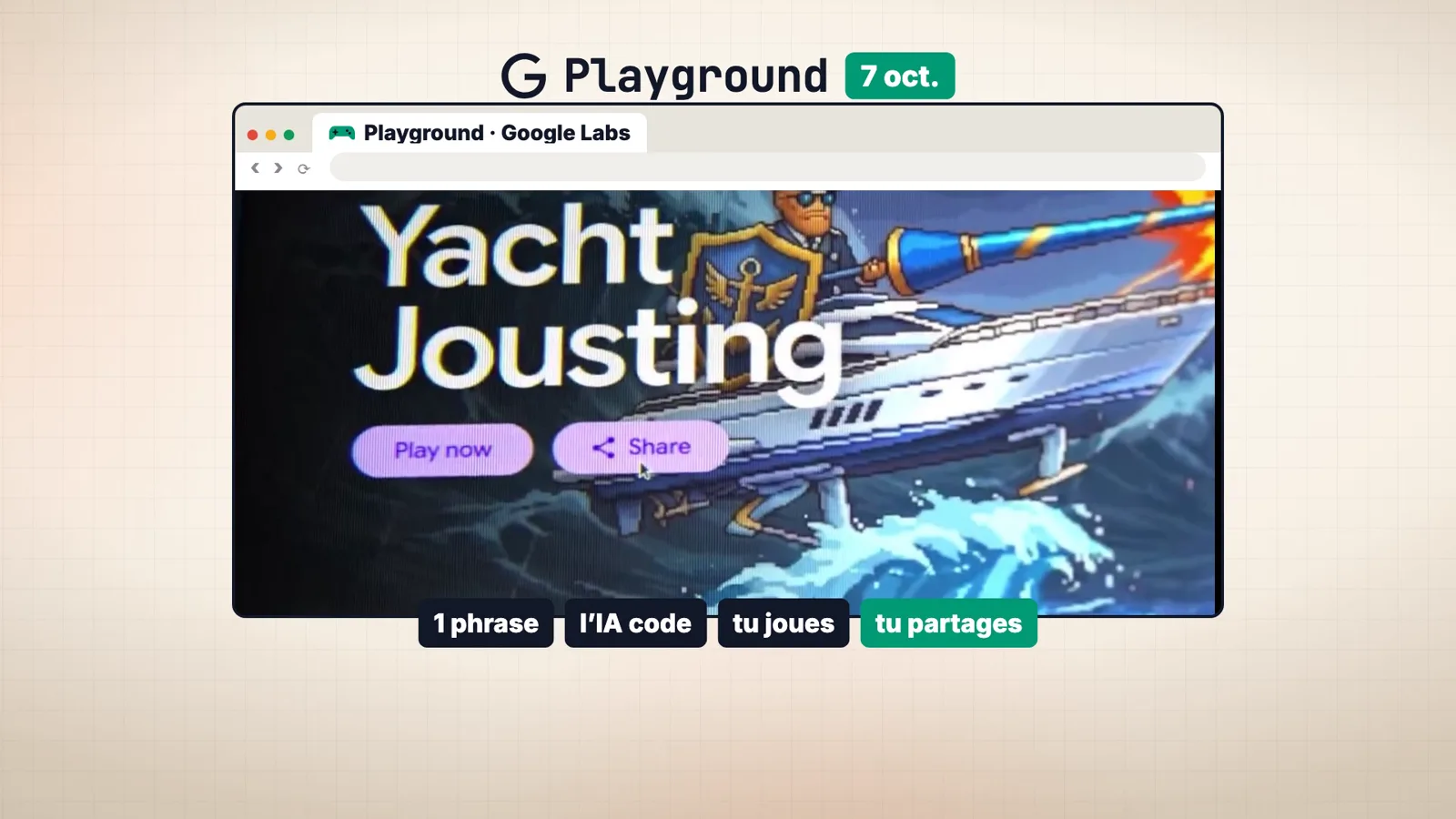 Google Labs Playground, lancé le 7 octobre 2026 : une phrase, l'IA code le jeu, tu joues et tu partages
