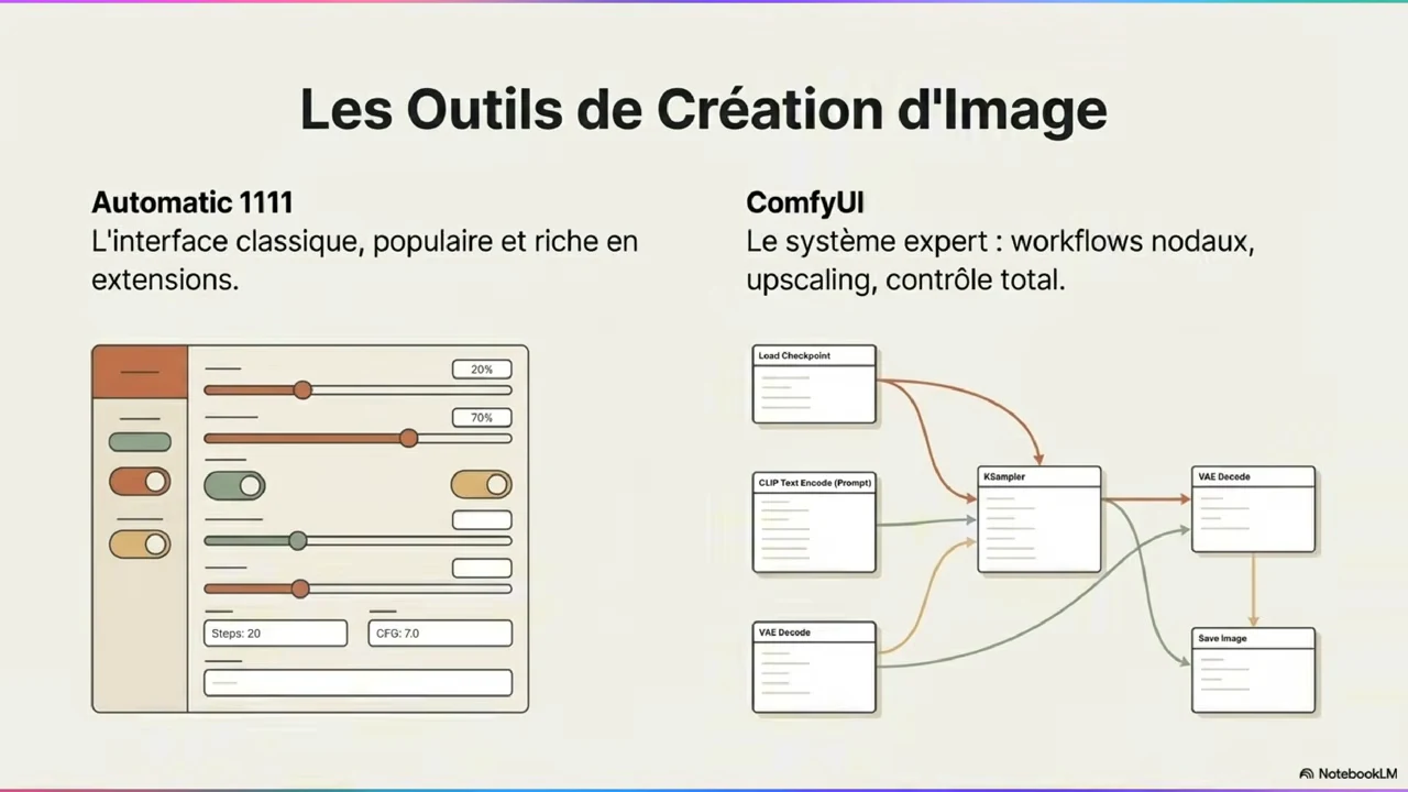 Illustration de la vidéo comparant l’interface classique AUTOMATIC1111 et les blocs reliés d’un flux ComfyUI