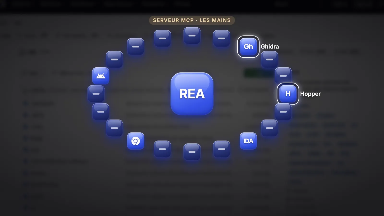 REA au centre de la vingtaine de logiciels qu'il pilote : Ghidra, Hopper, IDA, Chrome, outils Android
