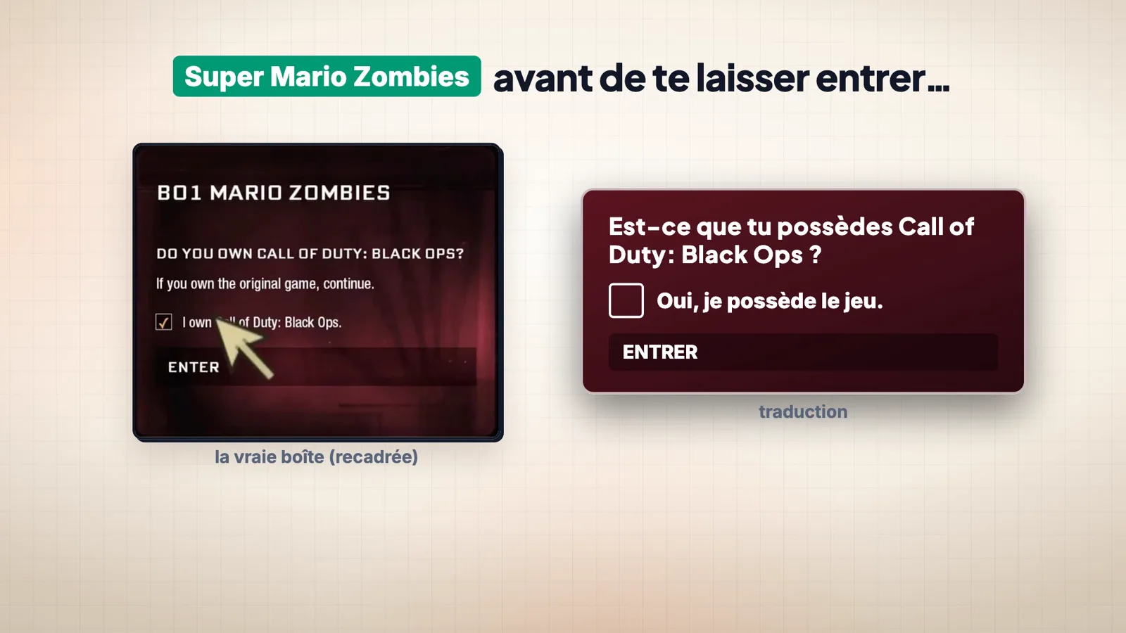 Super Mario Zombies demande « Do you own Call of Duty: Black Ops ? » avec une simple case à cocher avant de laisser entrer