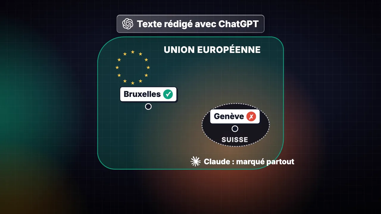Carte du watermark : un texte ChatGPT est marqué à Bruxelles mais pas à Genève, un texte Claude est marqué dans les deux