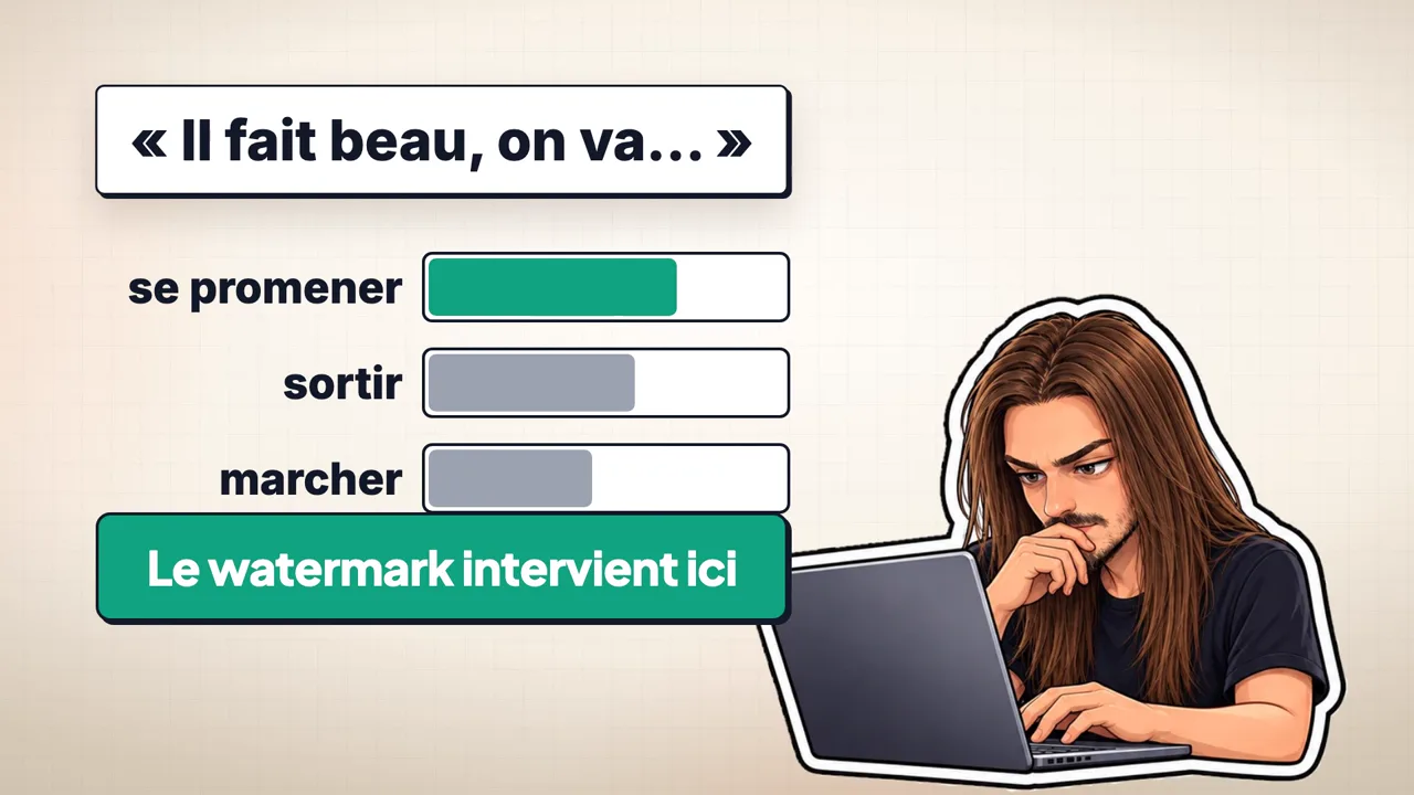 Exemple du watermark ChatGPT : pour « Il fait beau, on va… », la clé secrète fait pencher le choix entre se promener, sortir et marcher