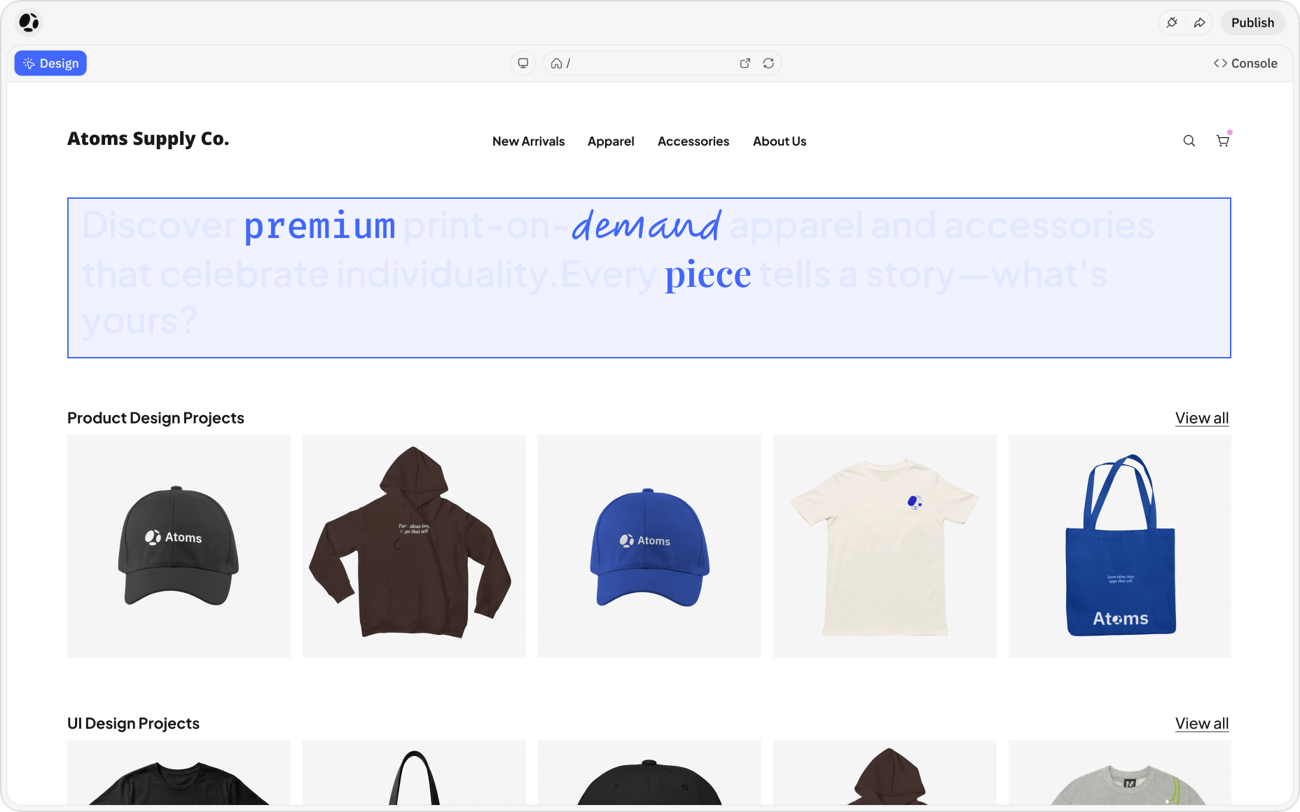 Éditeur visuel officiel Atoms affichant une application e-commerce
