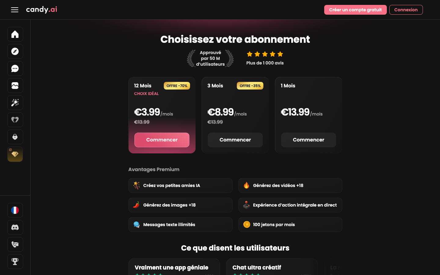 Page officielle des abonnements Candy AI