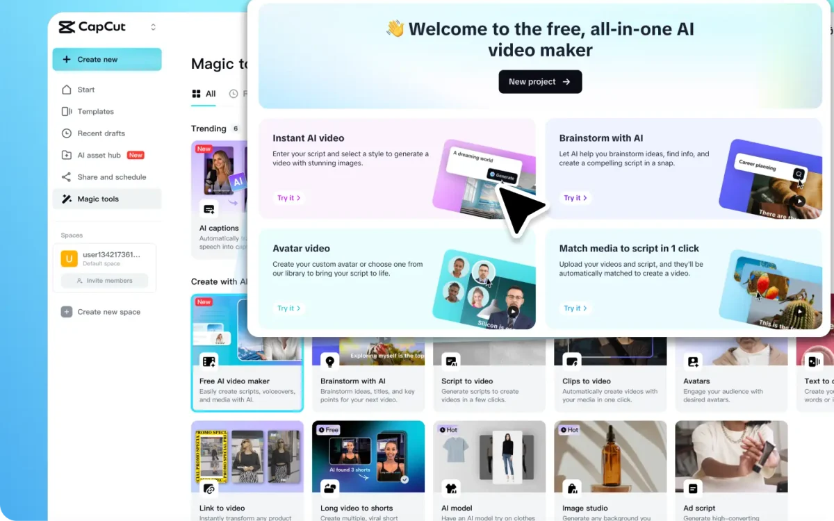 Interface officielle des outils de création vidéo IA CapCut
