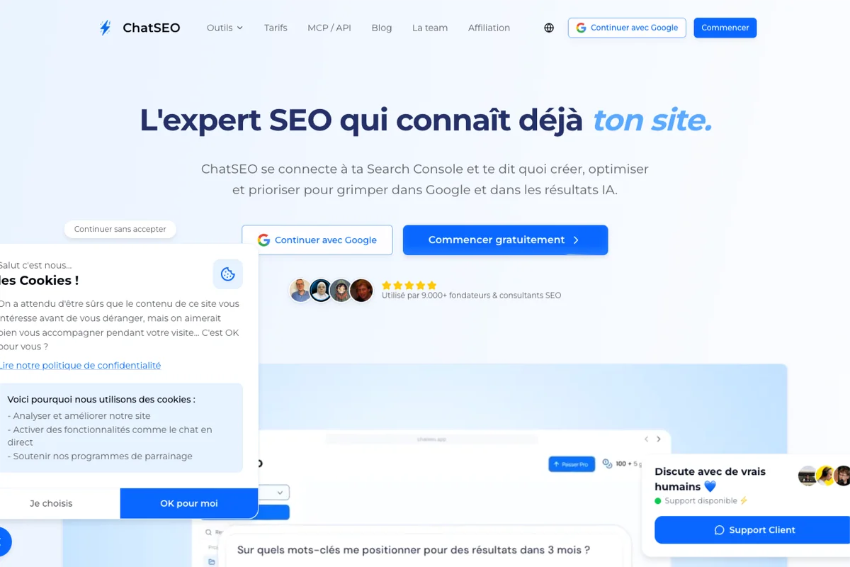 Découvrir l'interface de ChatSEO - IA Technologie Interface de l'outil ChatSEO - Avis et Test