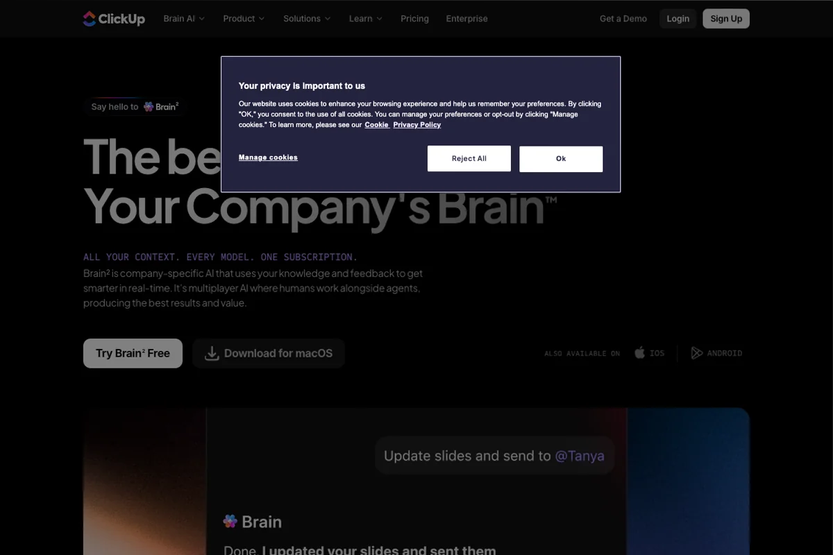 Interface de l'outil ClickUp Brain - Avis et Test