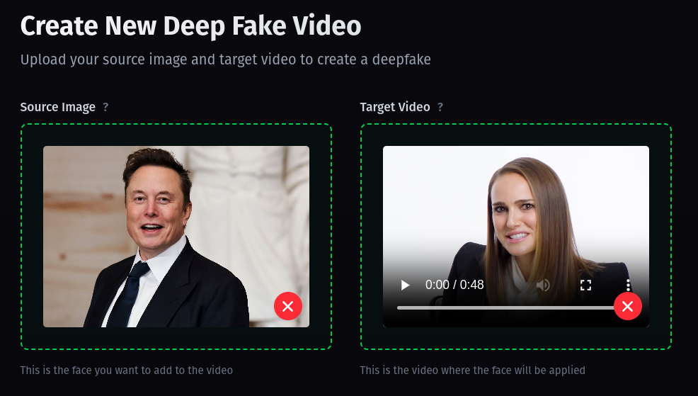 Interface officielle Deepfakes Web avec image source et vidéo cible