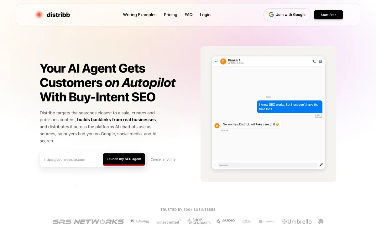 Page officielle de Distribb présentant son agent SEO IA