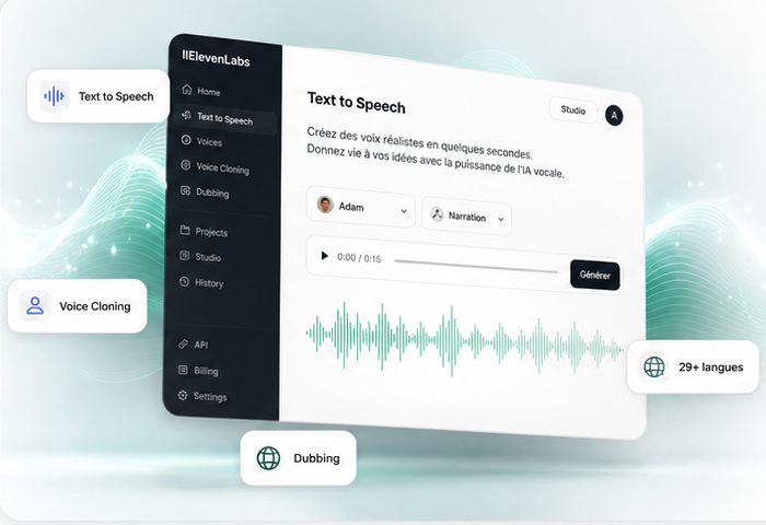Aperçu éditorial de l'interface ElevenLabs pour générer une voix IA, avec waveform, Text to Speech, Voice Cloning et Dubbing