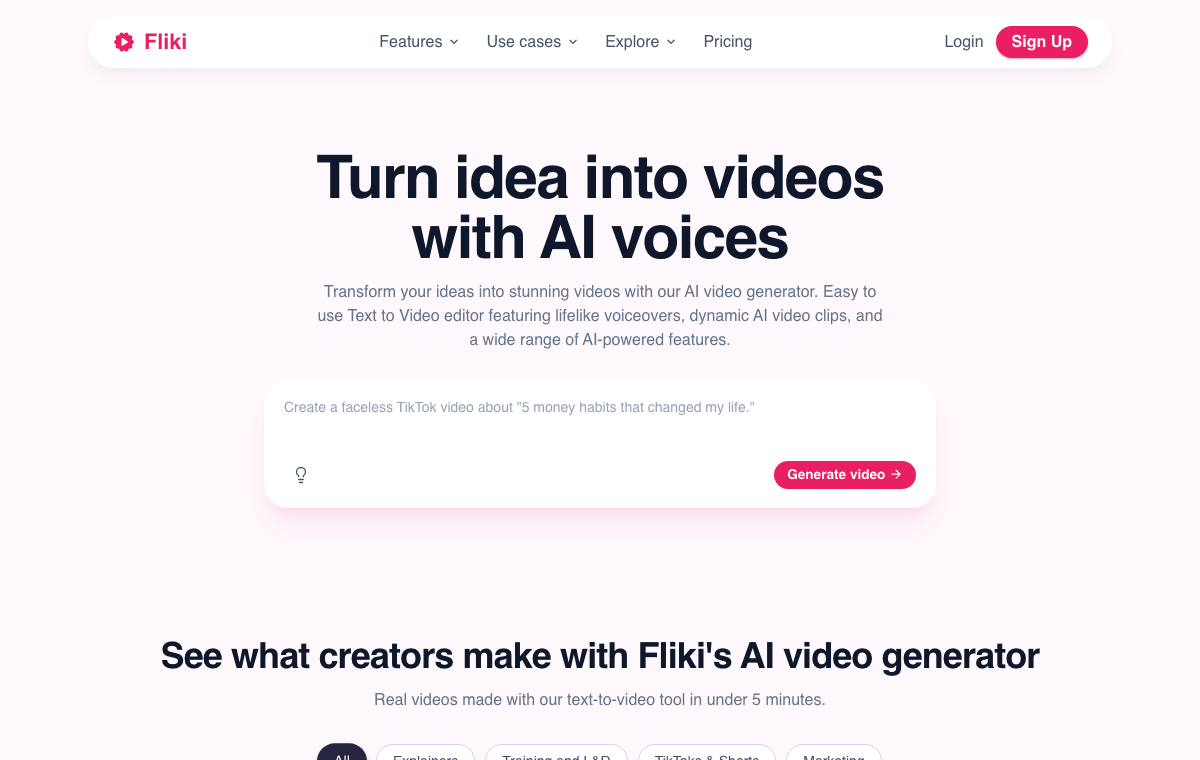 Page officielle du générateur vidéo Fliki AI