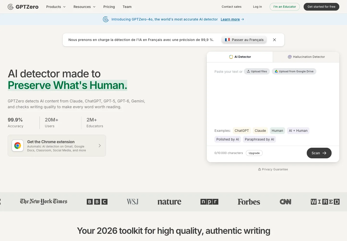 Site officiel GPTZero présentant la détection de texte IA
