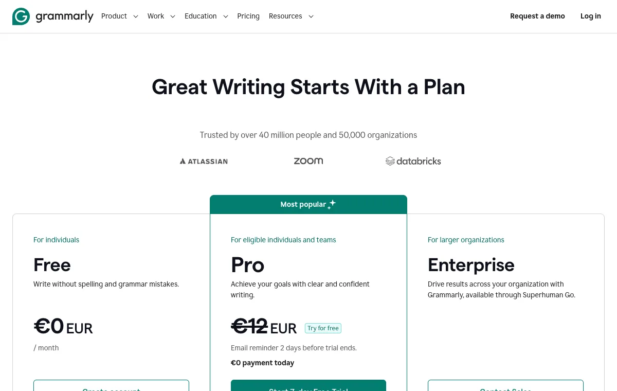 Page officielle des plans Grammarly capturée en août 2026
