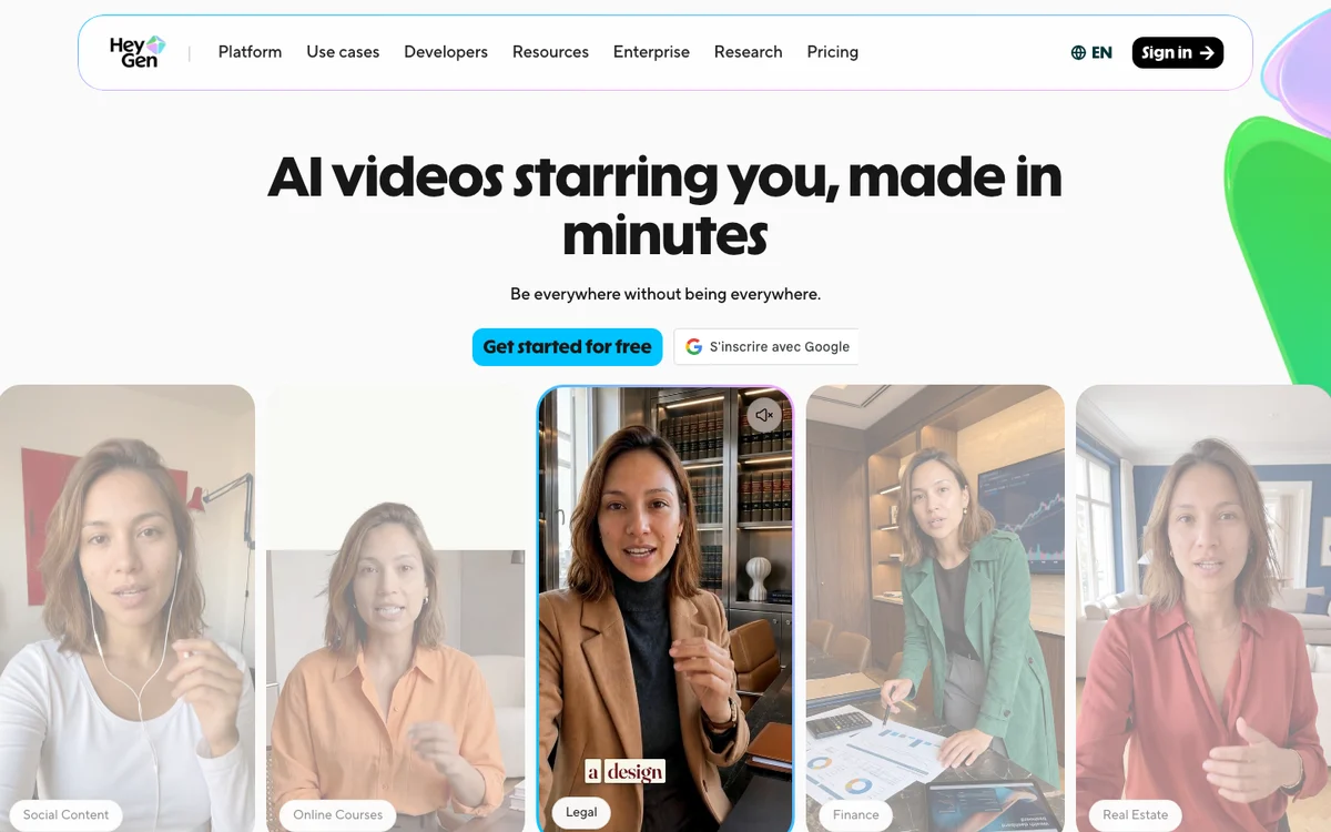 Page officielle HeyGen montrant plusieurs avatars vidéo IA