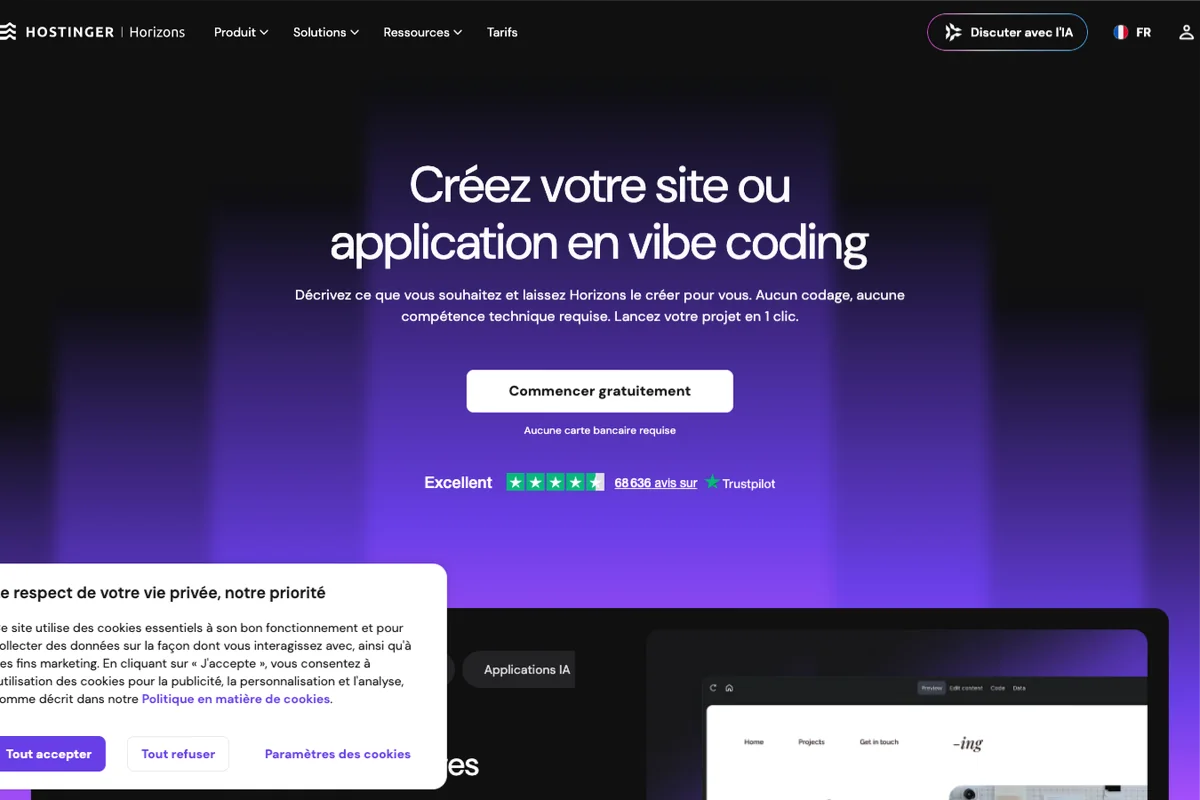 Interface de l'outil Hostinger Horizons - Avis et Test