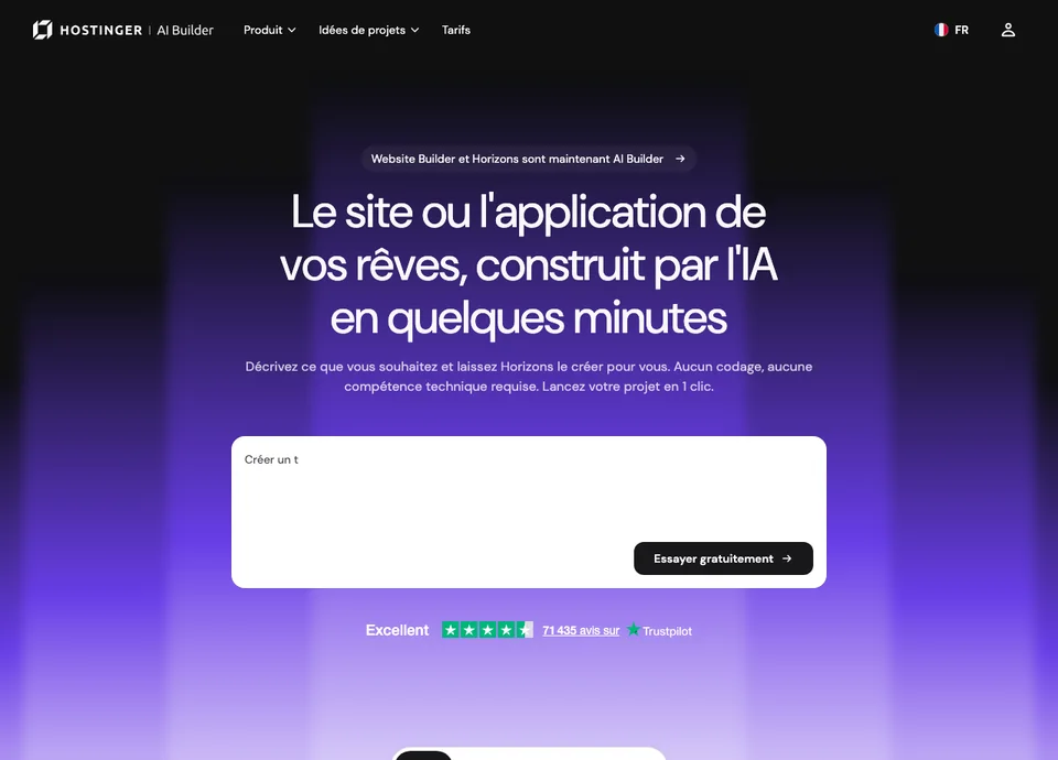 Page publique Hostinger AI Builder indiquant que Website Builder et Horizons sont maintenant réunis