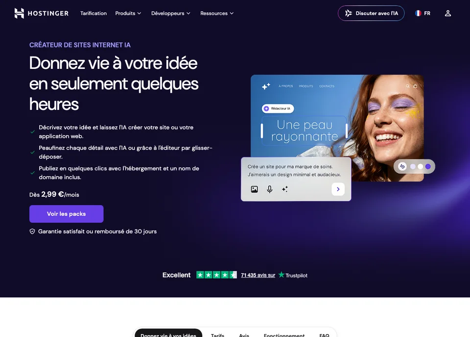 Page publique du créateur de sites Hostinger IA avec consigne, aperçu de site et tarif d’appel
