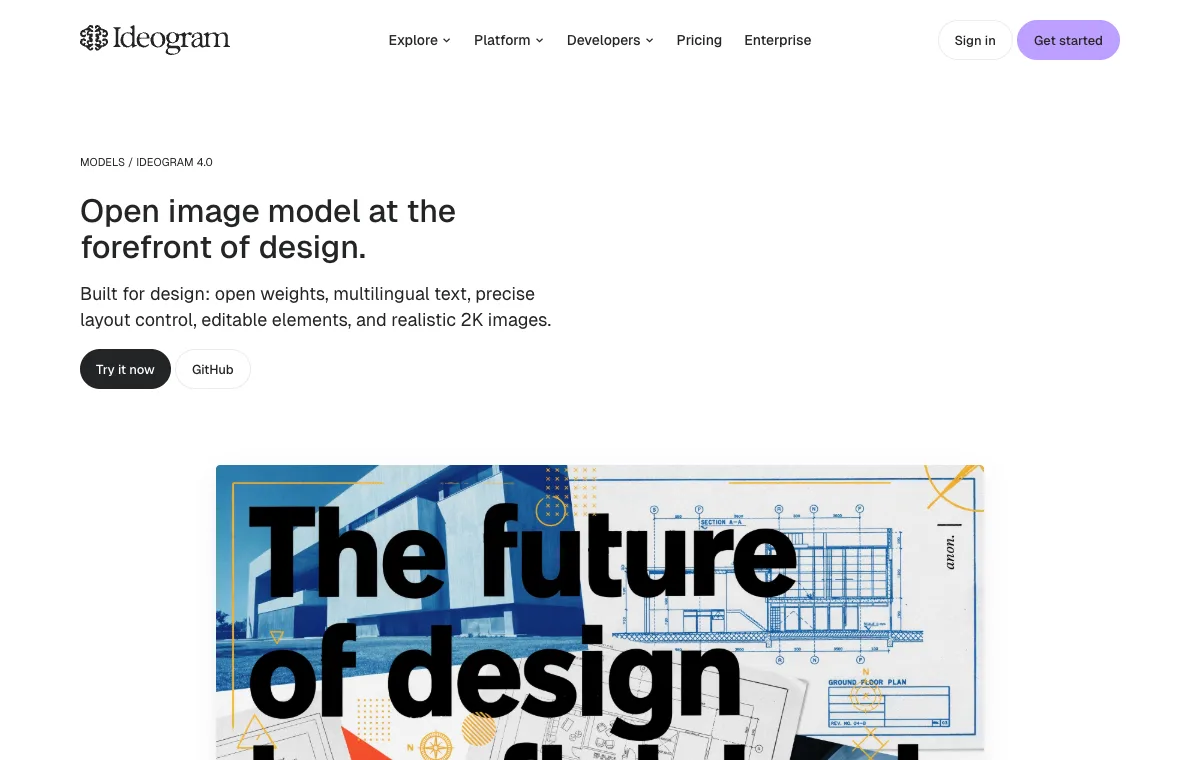 Page officielle du modèle Ideogram 4.0 capturée en août 2026