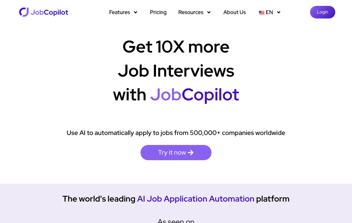 Page officielle de JobCopilot présentant les candidatures automatiques