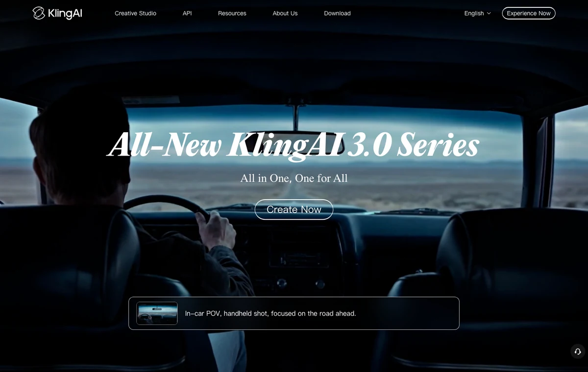 Page officielle de Kling AI 3.0 avec exemple de génération vidéo