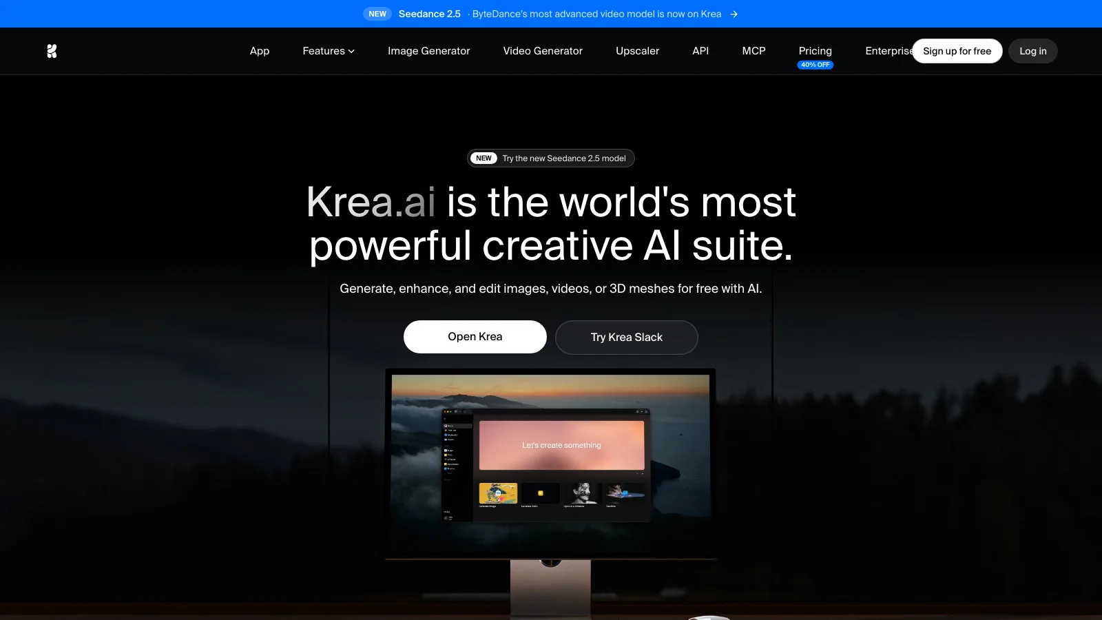 Accueil officiel de la suite créative Krea AI