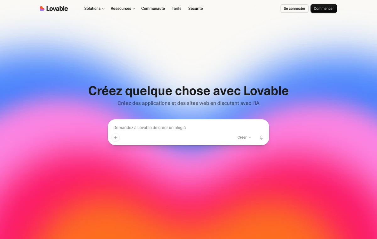 Interface d'accueil Lovable pour créer une application en discutant avec l'IA