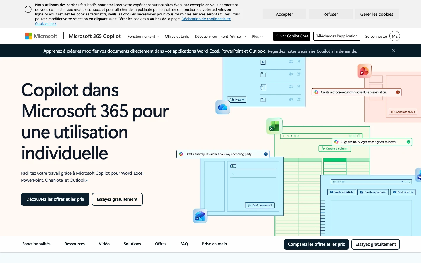 Page officielle Microsoft Copilot présentant l'assistant sur ordinateur et mobile