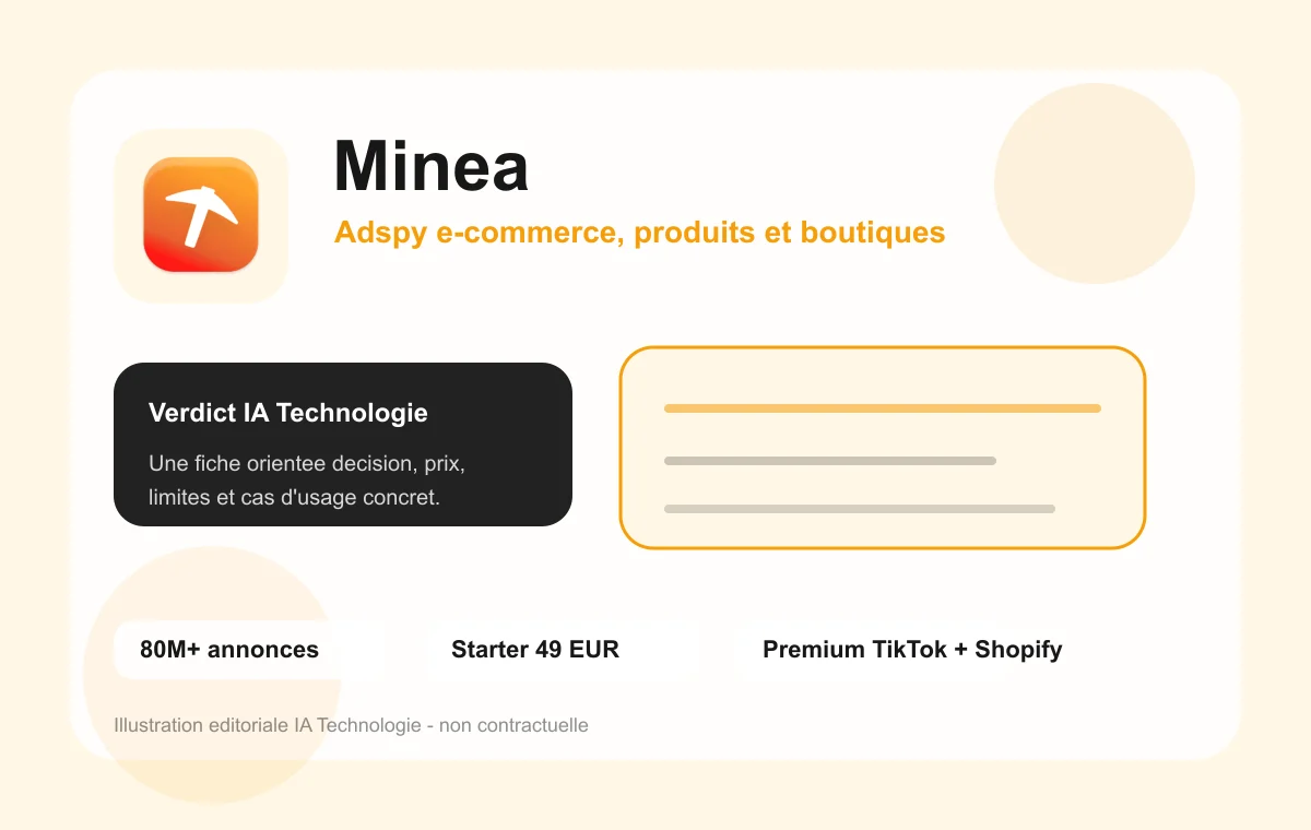 Illustration éditoriale Minea avec signaux adspy, prix et usages e-commerce