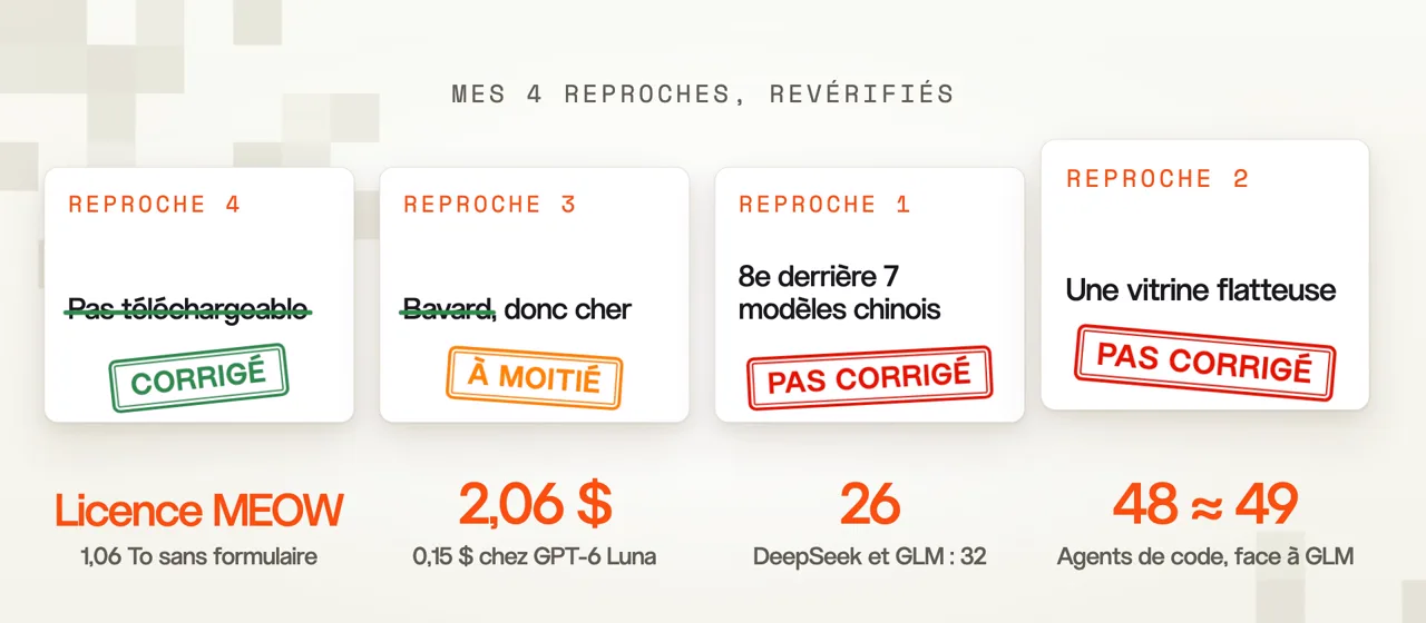 Bilan des 4 reproches faits à Mistral Large 4 : téléchargement corrigé, prix à moitié corrigé, retard sur les modèles chinois et vitrine flatteuse toujours là