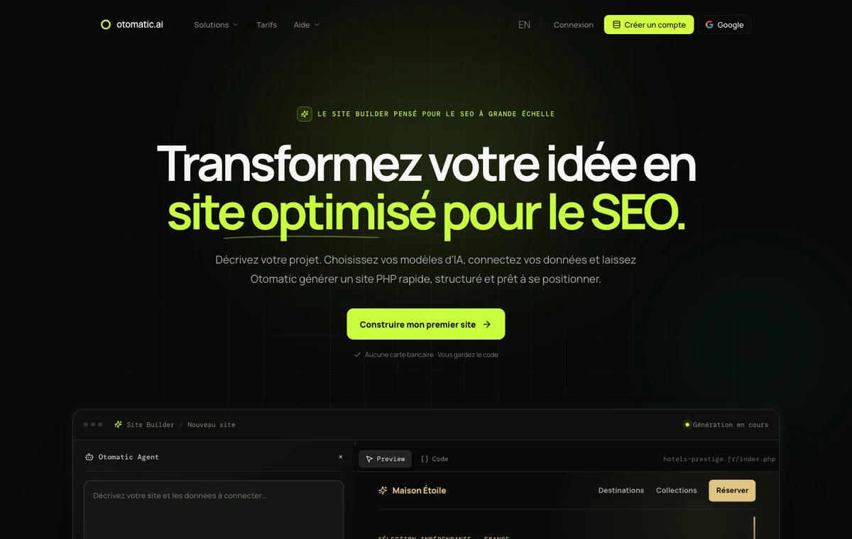 Page d'accueil officielle Otomatic.ai et aperçu du Site Builder