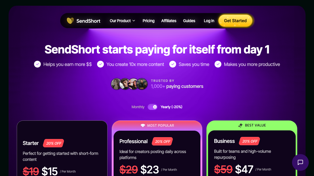 Tarifs officiels SendShort avec les formules Starter, Professional et Business