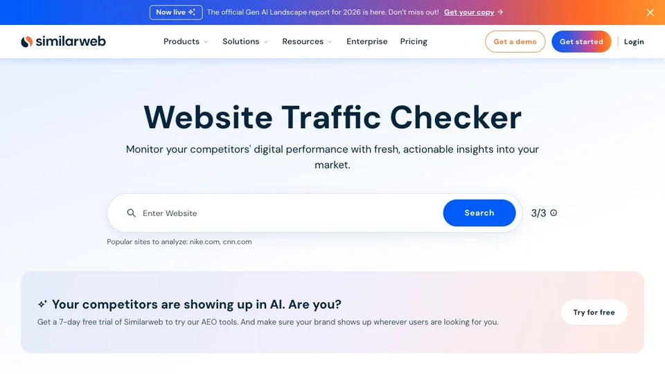 Page publique Similarweb Website Traffic Checker avec champ de recherche de domaine