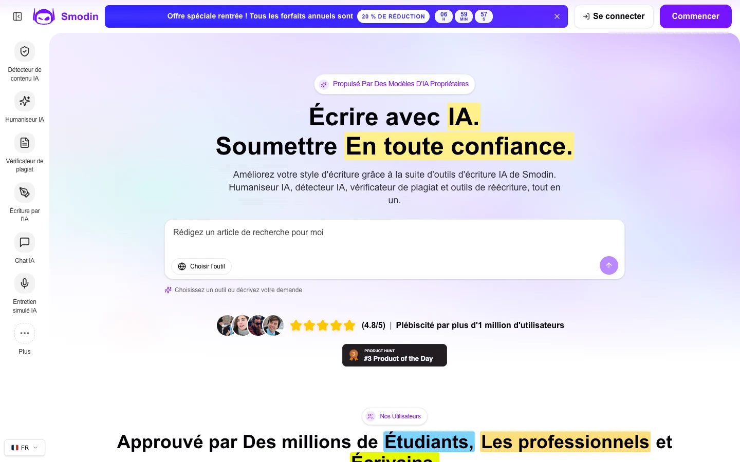 Page officielle Smodin avec choix des outils d'écriture IA