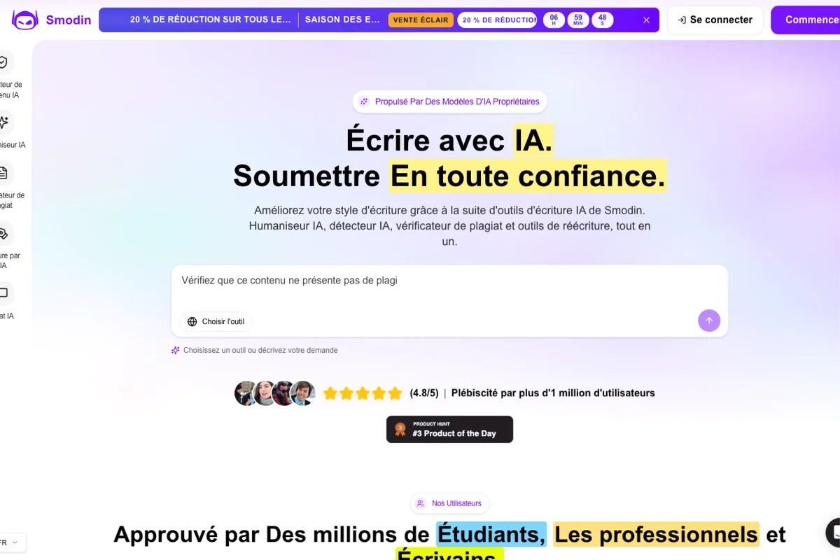 Découvrir l'interface de Smodin - IA Technologie Interface de l'outil Smodin - Avis et Test