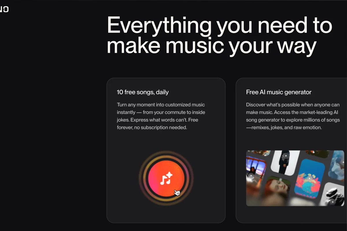 Interface de Suno pour créer une chanson avec IA