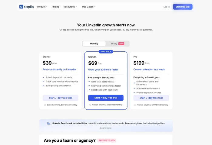 Page officielle Taplio présentant les outils de croissance LinkedIn