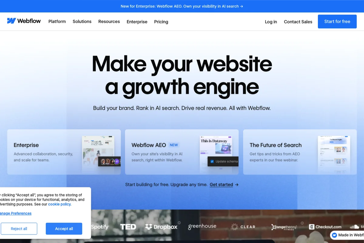 Interface de l'outil Webflow - Avis et Test